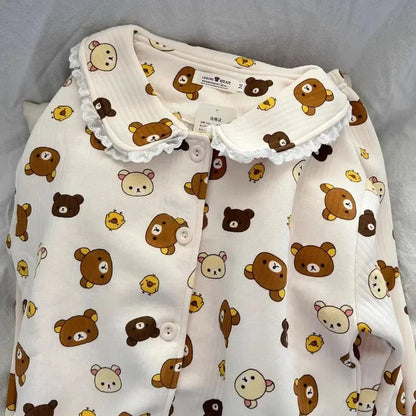Rilakkuma Pajama Set Embroidery Hoodie Autumn Winter Y2K Coral Fleece Pajama Women Cute Button Thin Warm Home Set Top Pants New
