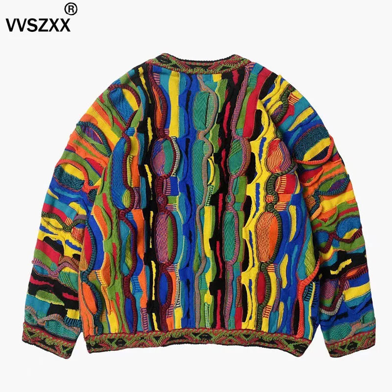 Heavy Industry Striped Knitted Sweater Ethnic Style Fashion Colorful Splicing Sweater Mens Pullover Sweater