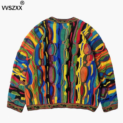 Heavy Industry Striped Knitted Sweater Ethnic Style Fashion Colorful Splicing Sweater Mens Pullover Sweater
