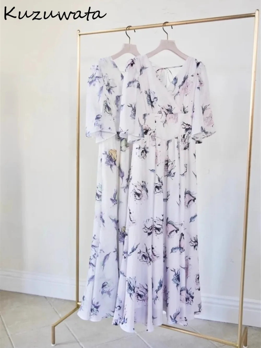 Kuzuwata Elegant V Neck Raglan Sleeve Rose Print Robe Lace Up High Waist Ruched Casual Mujer Japan New Slim Fit Sweet Dresses