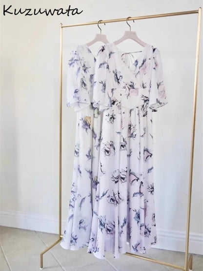 Kuzuwata Elegant V Neck Raglan Sleeve Rose Print Robe Lace Up High Waist Ruched Casual Mujer Japan New Slim Fit Sweet Dresses