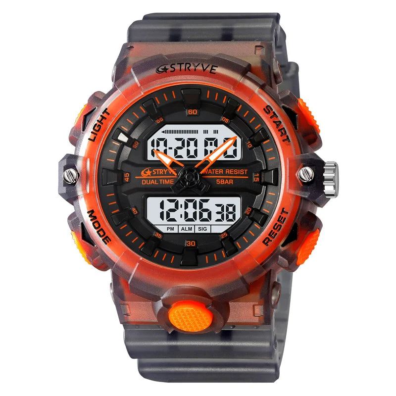 STRYVE Top Brand Electronic Watch For Men Outdoor Sports Waterproof Dual Time Display Quartz Wristwatches Rubber reloj hombre