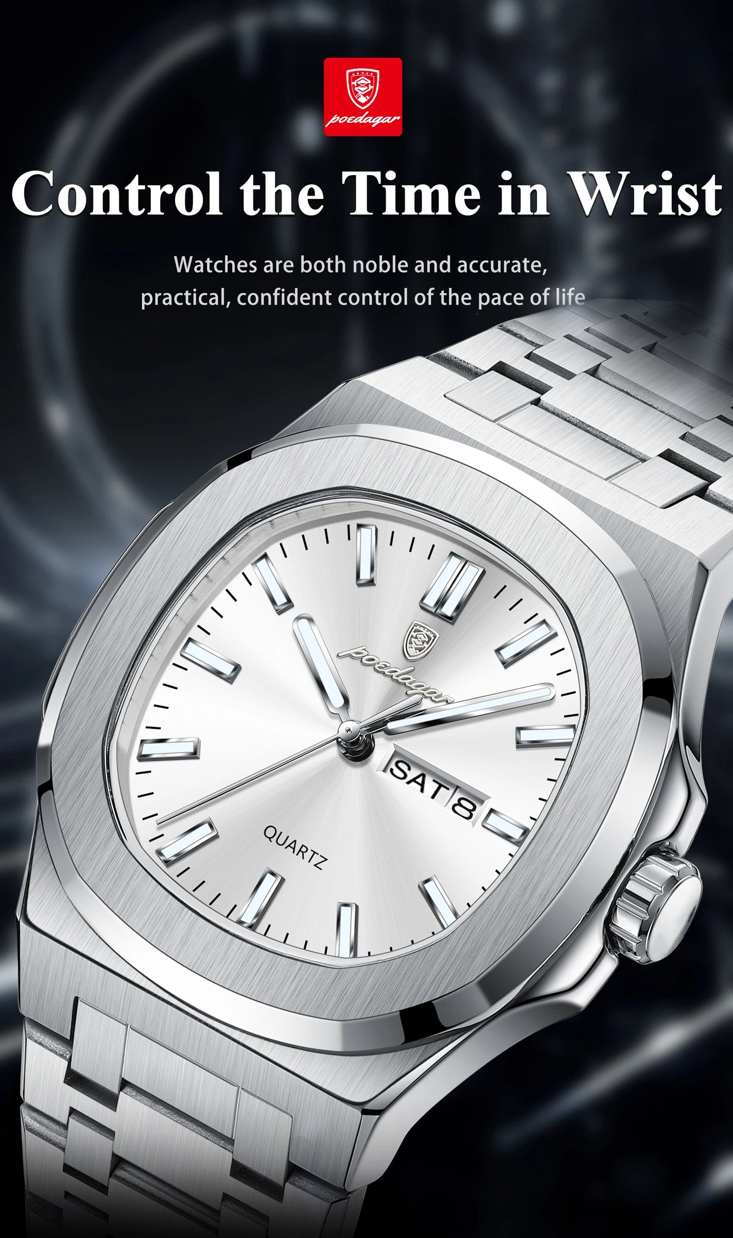 POEDAGAR Trendy Square Men's Watches Waterproof Luminous Date Week Man Clock Stainless Steel Exquisite Quartz Men Wristwatch+Box