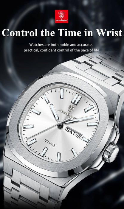 POEDAGAR Trendy Square Men's Watches Waterproof Luminous Date Week Man Clock Stainless Steel Exquisite Quartz Men Wristwatch+Box