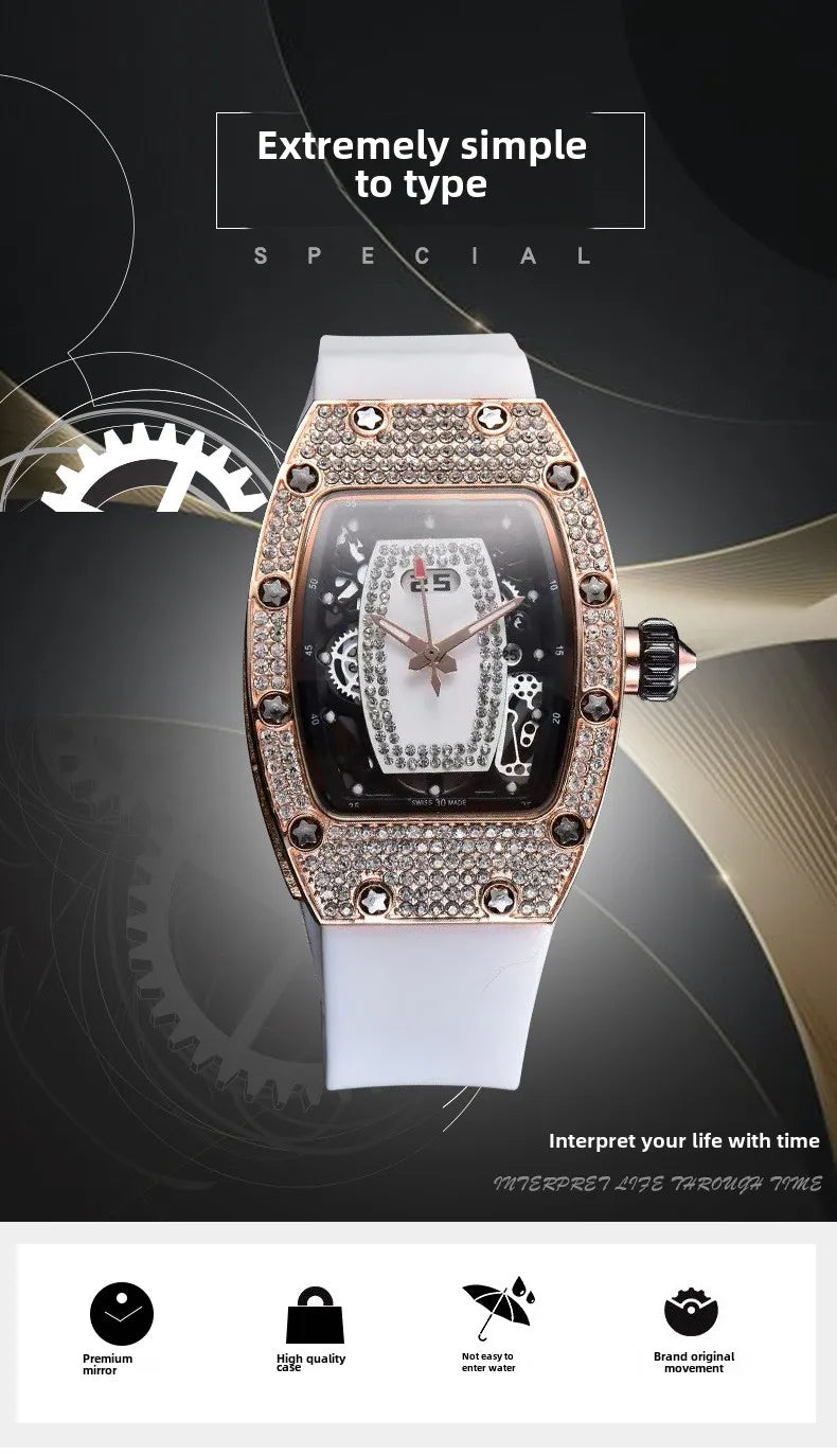 Manufacturer's spot supply, business fashion diamond-set, women's quartz watch red lip wine barrel-shaped watch