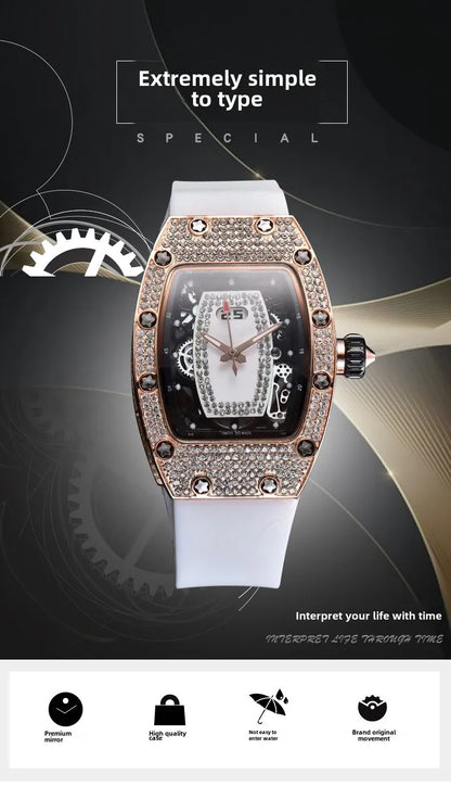 Manufacturer's spot supply, business fashion diamond-set, women's quartz watch red lip wine barrel-shaped watch