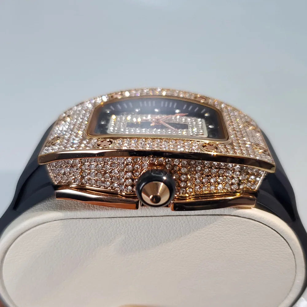 2024 Hot Fashion Diamond Watch For Women Elegant Iced Jewelry Watches Girl Sport Rubber Strap Tonneau Wristwatch Ladies Gift