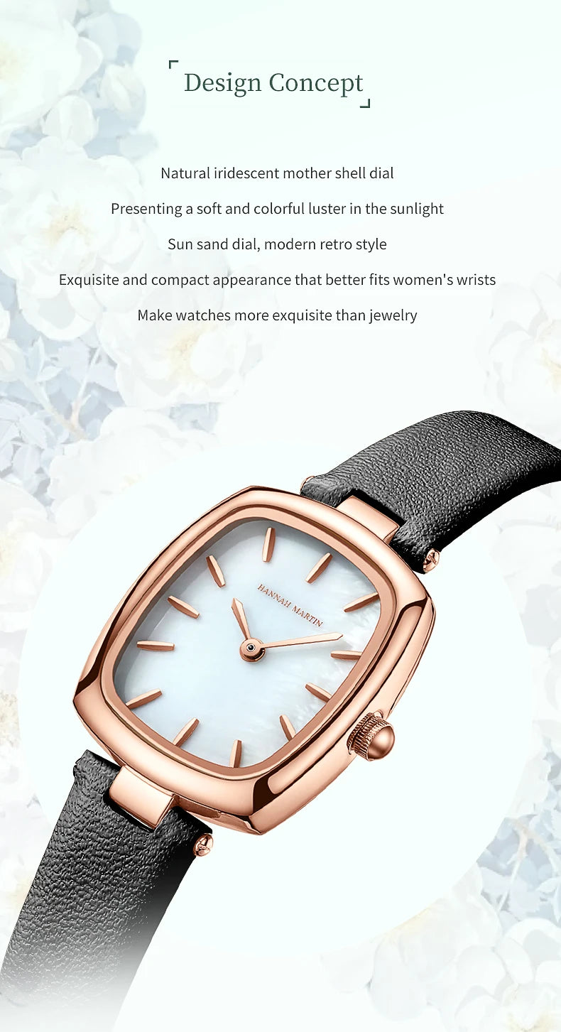 2024 New Womens Watch Hannah Martin Original Leather Rose Gold Simple Quartz Watch Top Brand 3Bar Waterproof Fashion Women Watch