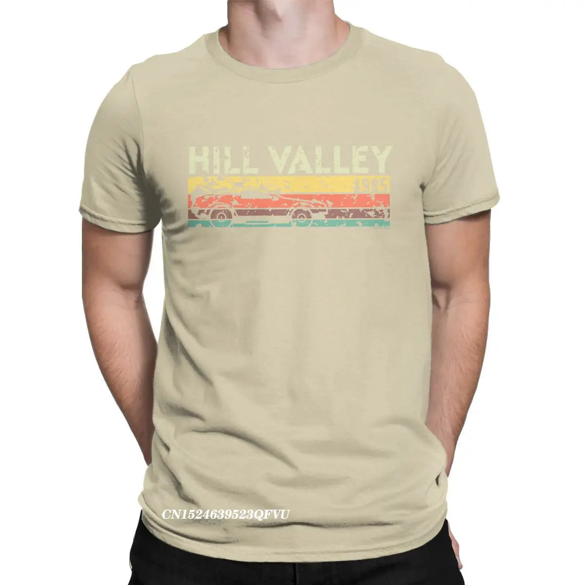 Hill Valley 1985 Tee Shirt Men Back To The Future Tops T Shirts Doc Brown Marty Delorean Time Travel Movie BTTF Tees Plus Size