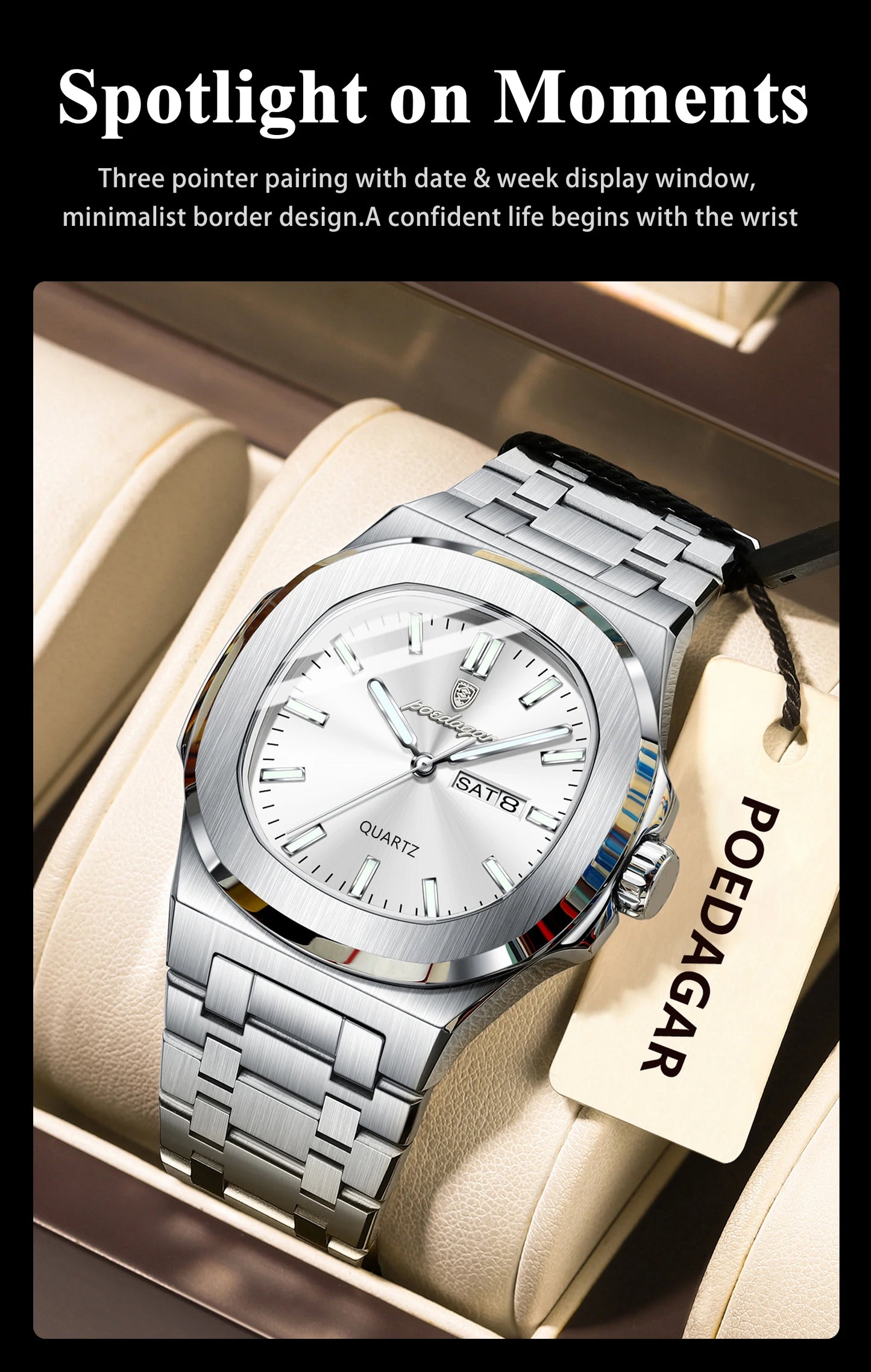 POEDAGAR Trendy Square Men's Watches Waterproof Luminous Date Week Man Clock Stainless Steel Exquisite Quartz Men Wristwatch+Box