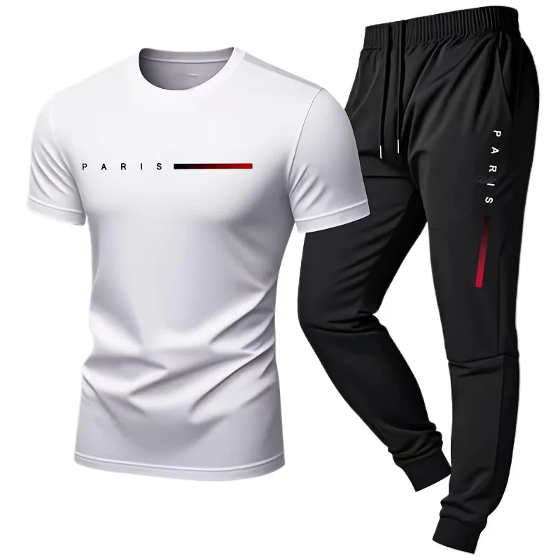 PARIS Men s casual suit spring and summer new style letter print American trend sports fashion short sleeved pants two-piece set