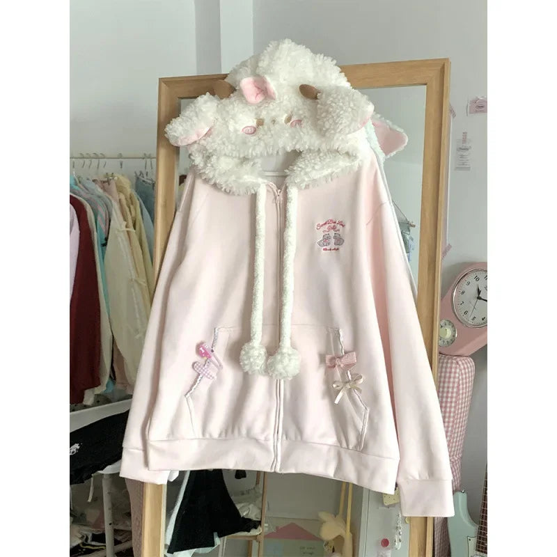 Vintage Kawaii Long Sleeve Loose Coat with Hooded Women Japanese Cute Zipper Sweatshirts Female Casual Y2k Jacket Overcoat Chic