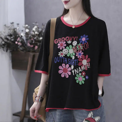 2023 New Summer Women's Clothing Popular Cotton Half Sleeves Round Neck T-shirt Printing Loose Graphic Tees Casual Tops