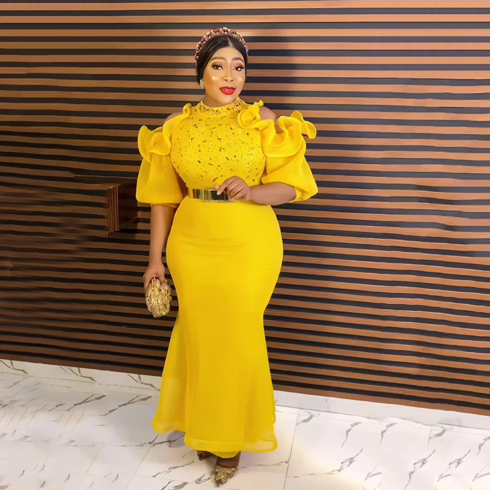 African American evening dress gauze off-the-shoulder belt diamond African mom dress