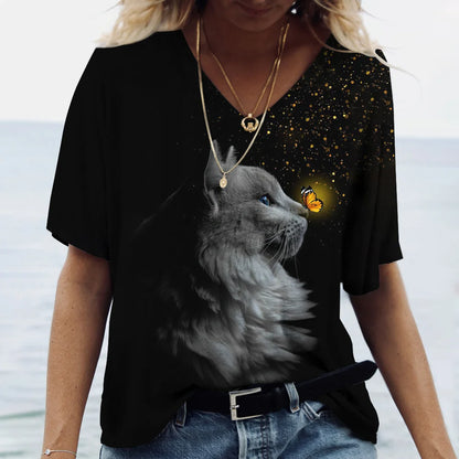 Fashion Women's T-shirt Cat Print Short Sleeve Clothes Female Harajuku Tees Ladies T Shirt Oversized Tops Animal Women Clothing