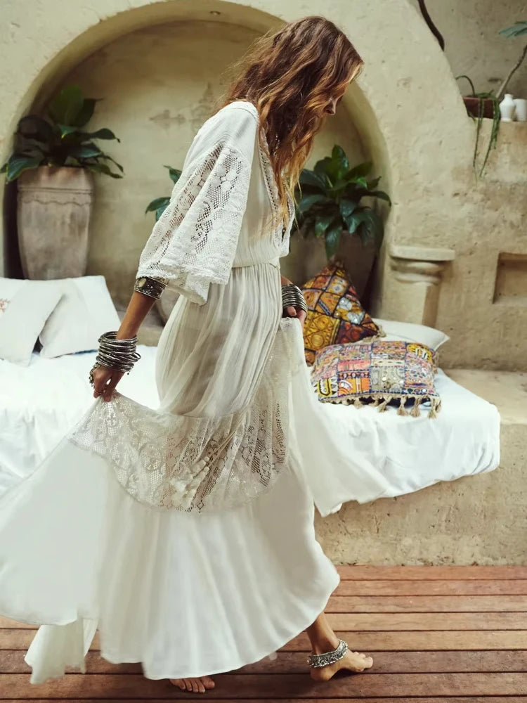 Canwedance New Cotton Lace Dress Beach Summer Maxi Dress Solid Color V-neck Ankle Length Ethnic Boho Vestidos Holiday Robes