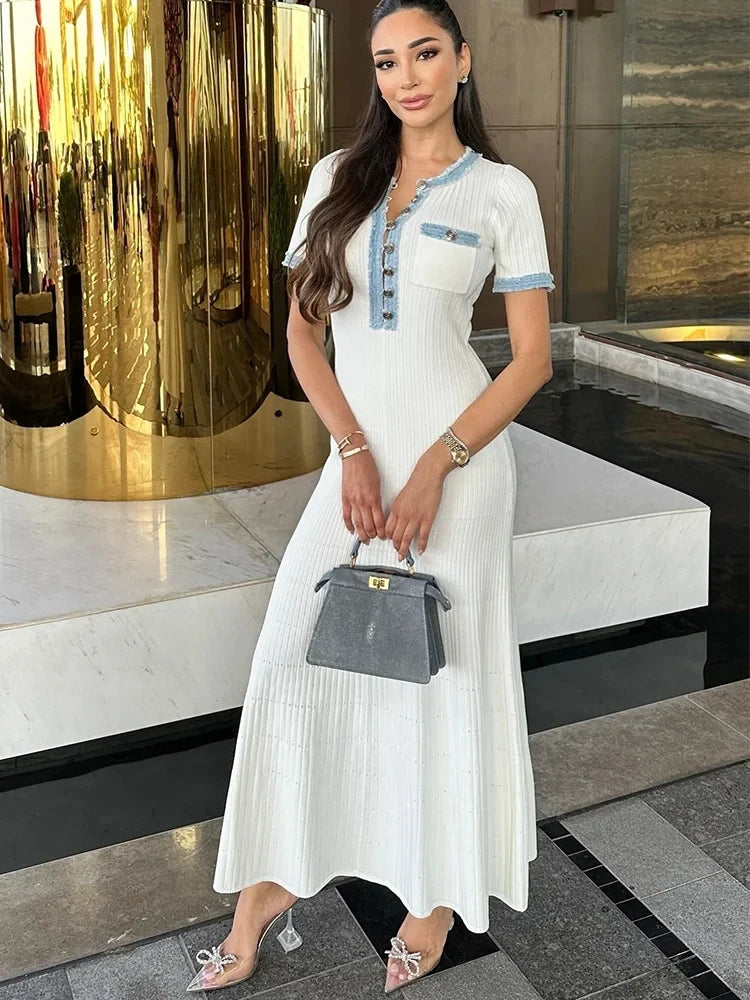Elegant Metal Single Breasted Dresses For Women Contrast Knit Chic O-neck Short Sleevee Maxi Dress 2024 Female High Street Robes