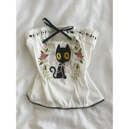 Kimotimo Sweet Bow Cat Embroidery Strapless Vest Women 2025 Summer Chic Slim Fit Short Tank Top Y2k Fashion Outwear Ropa Mujer