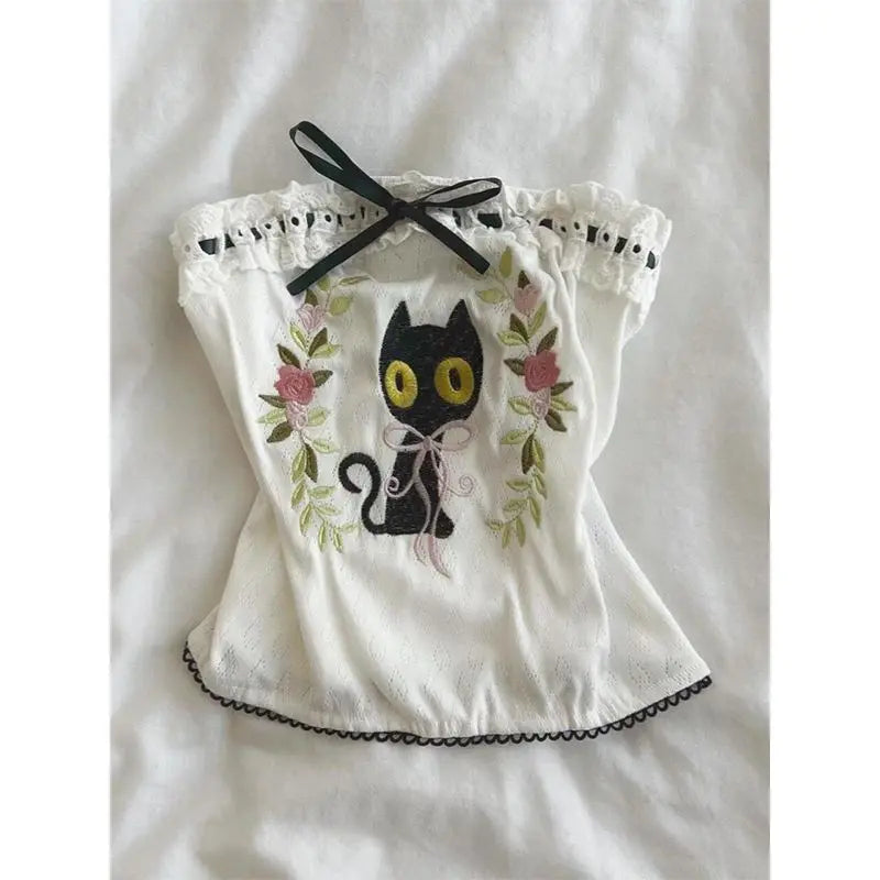 Kimotimo Sweet Bow Cat Embroidery Strapless Vest Women 2025 Summer Chic Slim Fit Short Tank Top Y2k Fashion Outwear Ropa Mujer