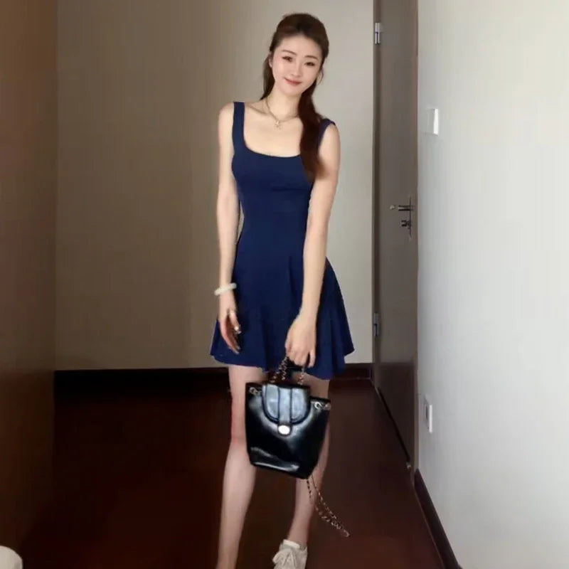 Sweet Elegant Ladies Woman Dress Summer New Solid Color Slim Women Dress Blue Fashion Street Basic Sleeveless Dresses Chicly