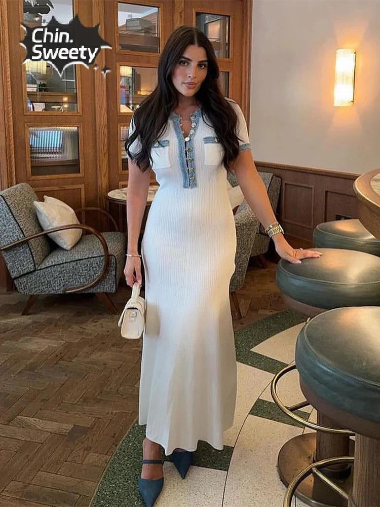 Elegant Metal Single Breasted Dresses For Women Contrast Knit Chic O-neck Short Sleevee Maxi Dress 2024 Female High Street Robes