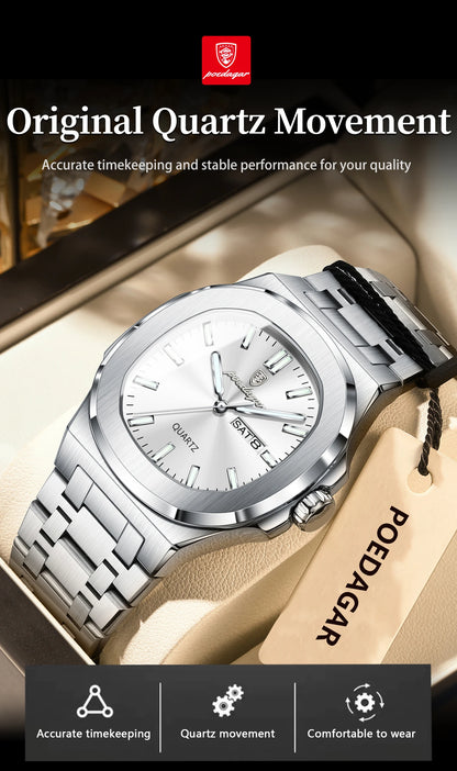 POEDAGAR Trendy Square Men's Watches Waterproof Luminous Date Week Man Clock Stainless Steel Exquisite Quartz Men Wristwatch+Box