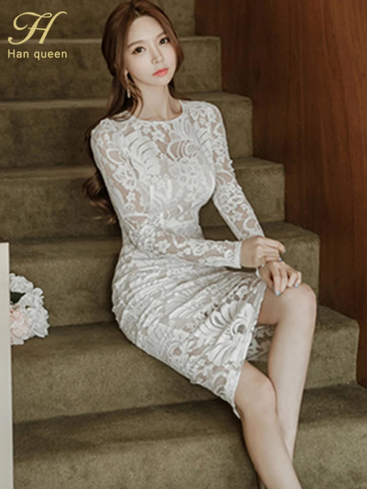 Han Queen New Lace Pencil Dress Women Hollow Out Sheath Bodycon Dresses Elegant White Mid-Calf Slim OL Work Party Vestidos