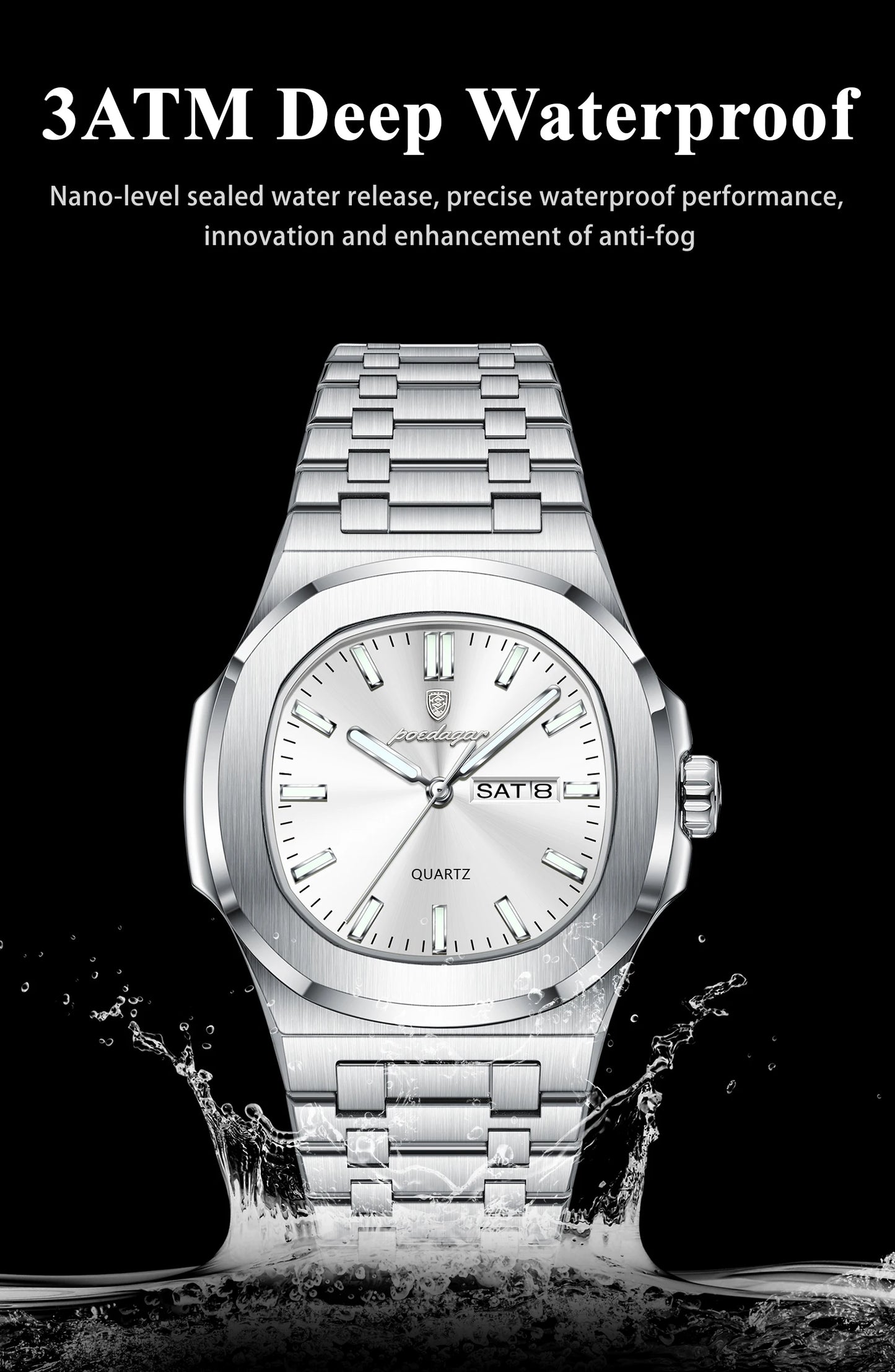 POEDAGAR Trendy Square Men's Watches Waterproof Luminous Date Week Man Clock Stainless Steel Exquisite Quartz Men Wristwatch+Box