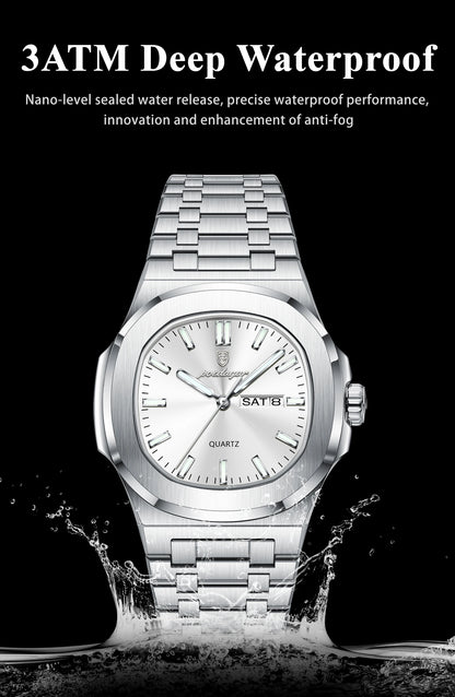 POEDAGAR Trendy Square Men's Watches Waterproof Luminous Date Week Man Clock Stainless Steel Exquisite Quartz Men Wristwatch+Box