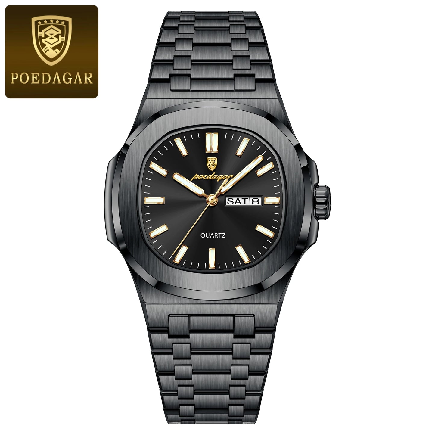 POEDAGAR Trendy Square Men's Watches Waterproof Luminous Date Week Man Clock Stainless Steel Exquisite Quartz Men Wristwatch+Box