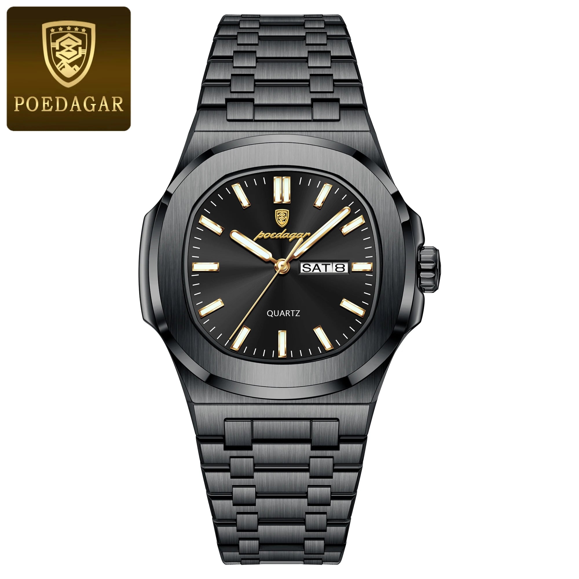 POEDAGAR Trendy Square Men's Watches Waterproof Luminous Date Week Man Clock Stainless Steel Exquisite Quartz Men Wristwatch+Box