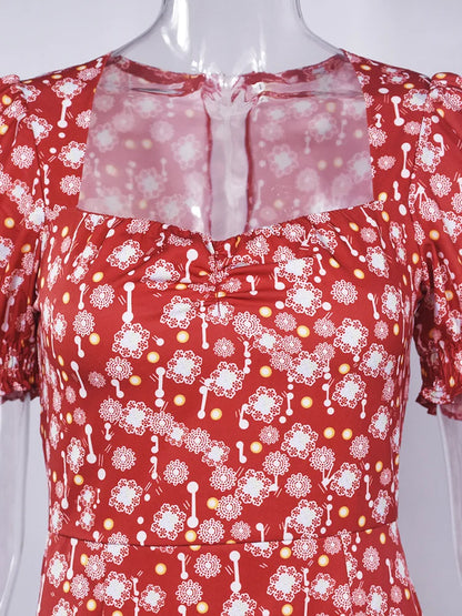 Summer Women's Red Puffed Sleeve Floral Dress,Beach Dresses For Women,Fashion Summer Dresses 2024,Womans Clothing,Long Dresses