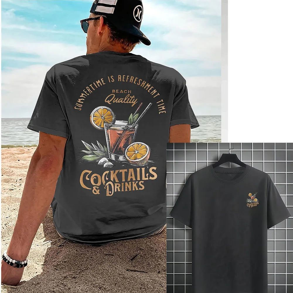 COCKTAILS DRINKS Printed T-shirt Men Summer Beach Short Sleeved Tops Unisex Casual Loose T Shirts Street Men's Cotton Tees