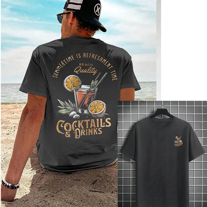 COCKTAILS DRINKS Printed T-shirt Men Summer Beach Short Sleeved Tops Unisex Casual Loose T Shirts Street Men's Cotton Tees