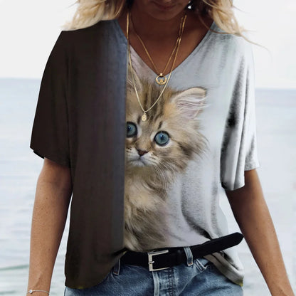Fashion Women's T-shirt Cat Print Short Sleeve Clothes Female Harajuku Tees Ladies T Shirt Oversized Tops Animal Women Clothing