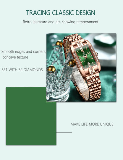 POEDAGAR Women Watch Fashion Luxury Diamond Green Dial Square Quartz Watches Stainless Steel Waterproof Ladies Wristwatch Gift