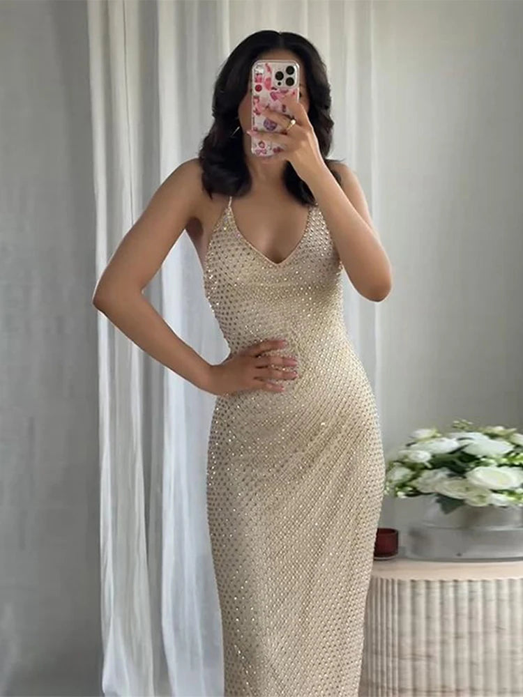 Fashion Rhinestone Party Dresses Chic Female Sleeveless Glitter Backless Hip Package Dress 2025 New Crystal Women Evening Robe