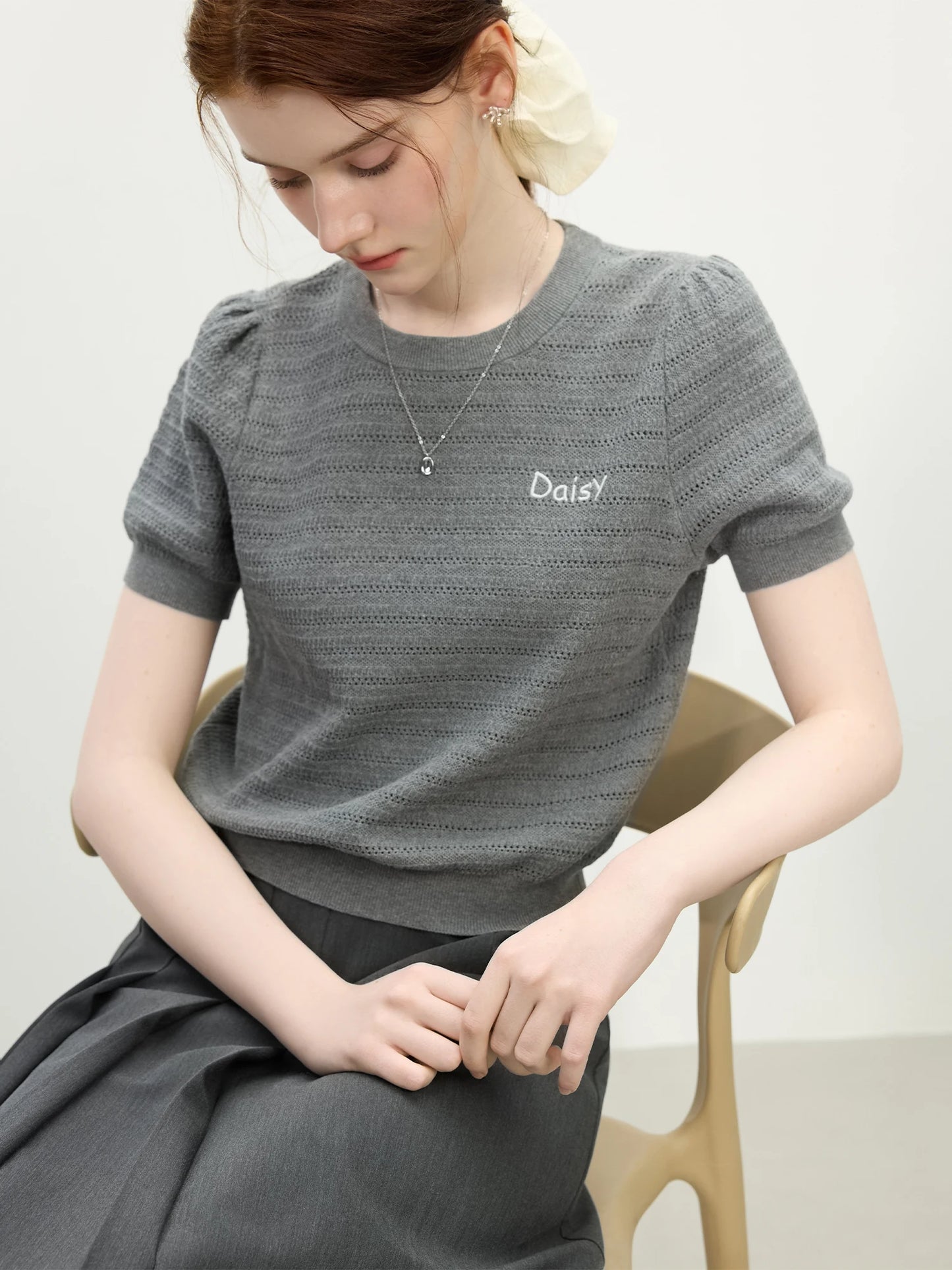 FSLE Round Neck Hollow Texture Knitted T-shirt Women 2025 Summer New Style Pullover Versatile Casual Short-sleeved Top 25FS12090