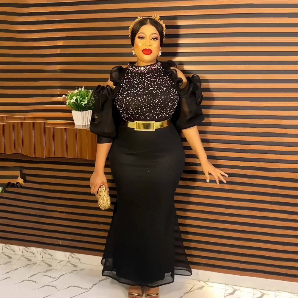 African American evening dress gauze off-the-shoulder belt diamond African mom dress