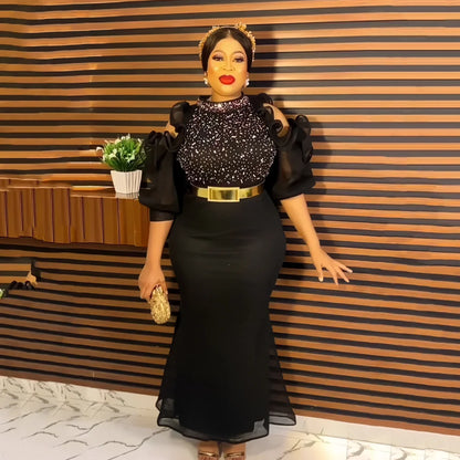 African American evening dress gauze off-the-shoulder belt diamond African mom dress