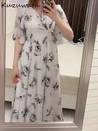 Kuzuwata Elegant V Neck Raglan Sleeve Rose Print Robe Lace Up High Waist Ruched Casual Mujer Japan New Slim Fit Sweet Dresses