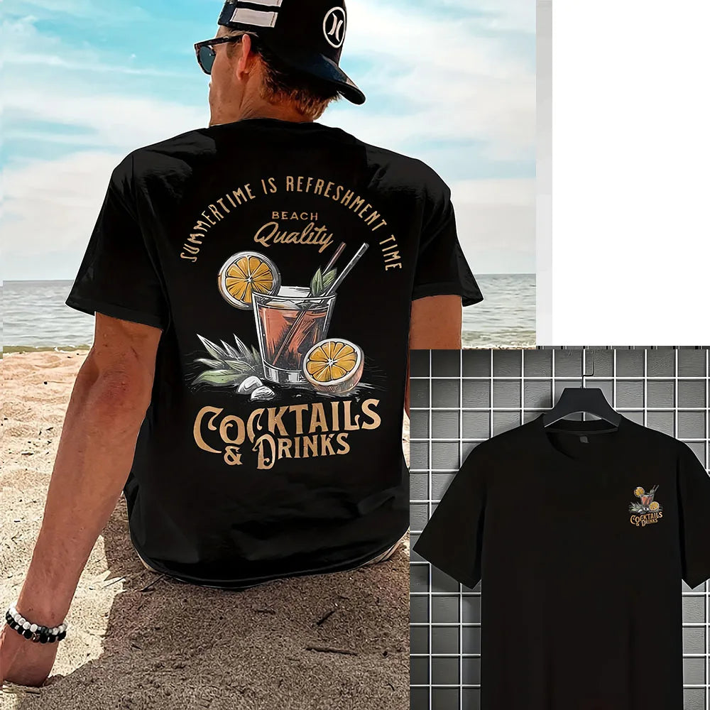 COCKTAILS DRINKS Printed T-shirt Men Summer Beach Short Sleeved Tops Unisex Casual Loose T Shirts Street Men's Cotton Tees