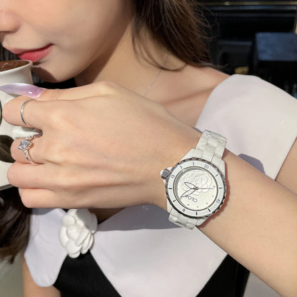 Camellia watch 2025 new women's white ceramic light luxury women's small fragrance style women's watch