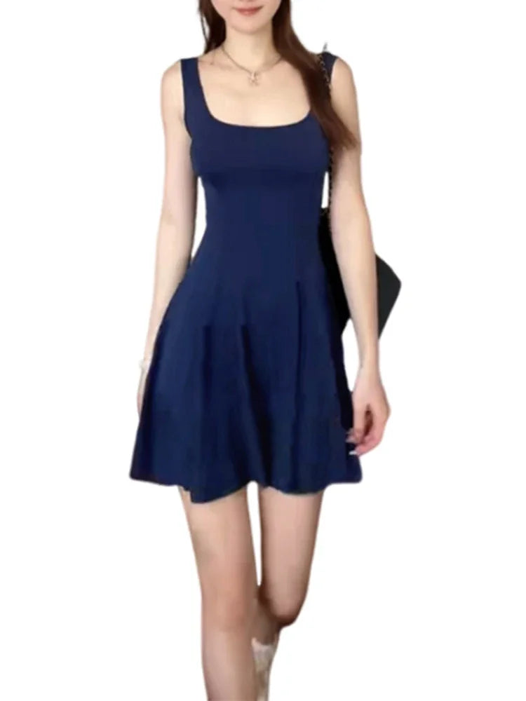 Sweet Elegant Ladies Woman Dress Summer New Solid Color Slim Women Dress Blue Fashion Street Basic Sleeveless Dresses Chicly