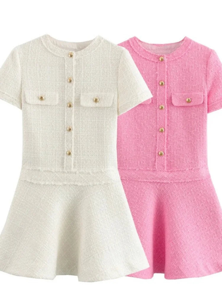 Elegant Metal Single Breasted Dresses For Women Contrast Knit Chic O-neck Short Sleevee Maxi Dress 2024 Female High Street Robes