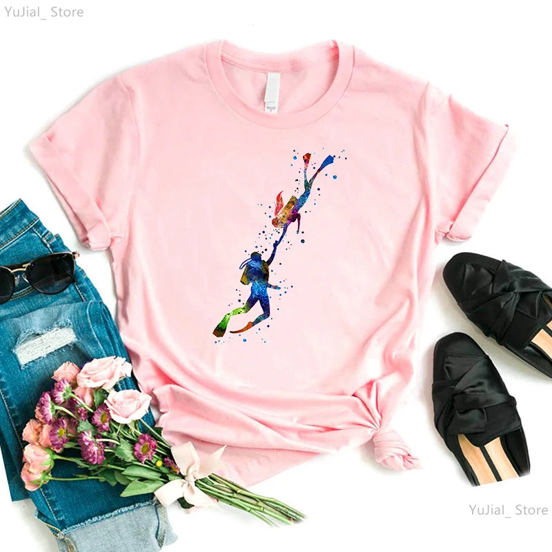 Watercolor Scuba Diving Lover Printed Sports Art Tee Shirt Femme Cute Summer Top Woman Clothes Ropa Mujer Custom Tshirt