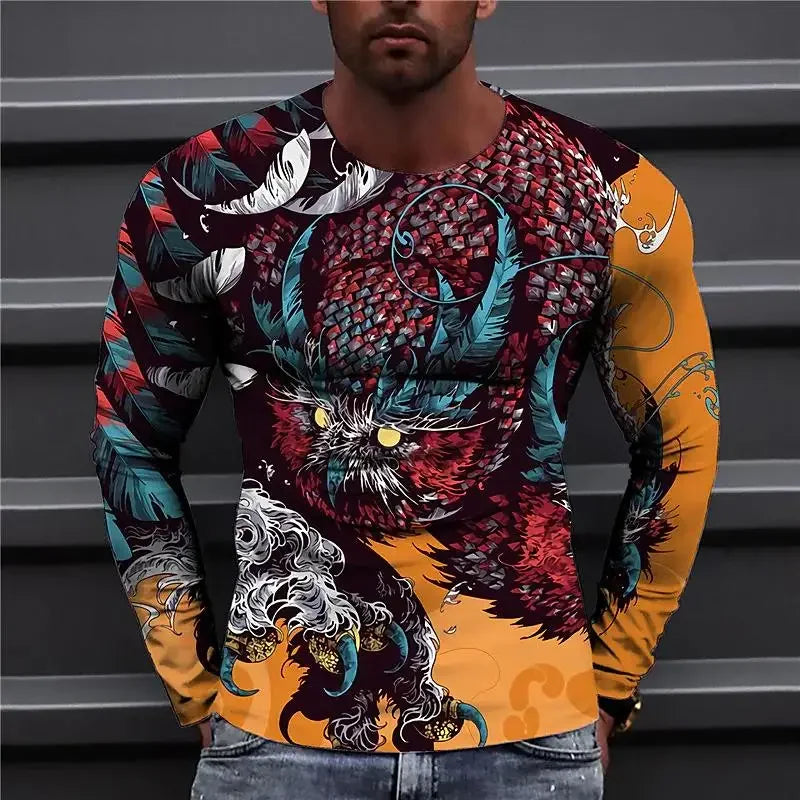 Animals  Vintage 3D Print Summer Men's Round Neck T-shirt Casual Long Sleeve Oversized T Shirt Fashion Pullover Men Clothing
