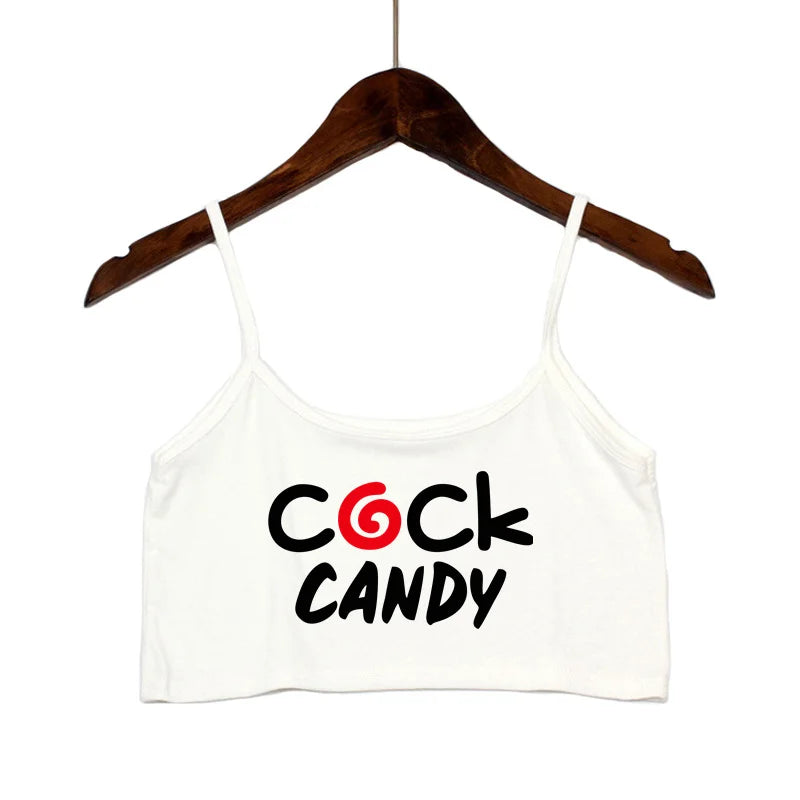 Cock Candy Funny Letters Print Crop Top Female Clothes Sexy Elastic Cotton Camis Sleeveless Short Tank Tops for Women Girls Bar
