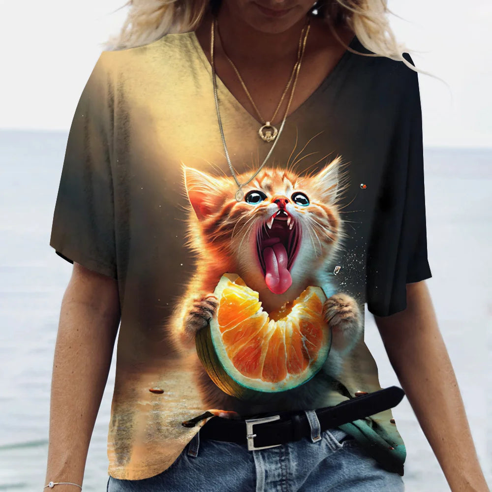 Fashion Women's T-shirt Cat Print Short Sleeve Clothes Female Harajuku Tees Ladies T Shirt Oversized Tops Animal Women Clothing
