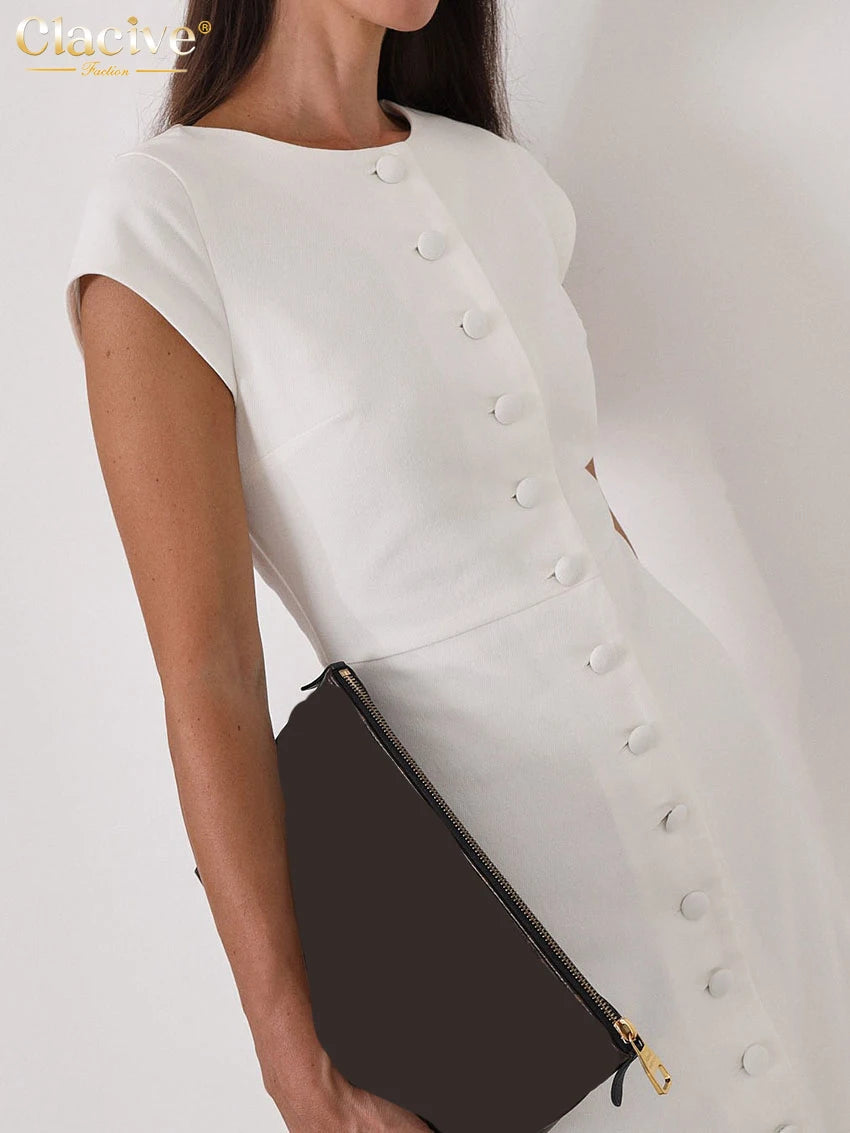 Clacive Summer Slim White Women's Dress 2025 Fashion O-Neck Sleeveless Ankle Length Dresses Elegant Classic Solid Female Dress